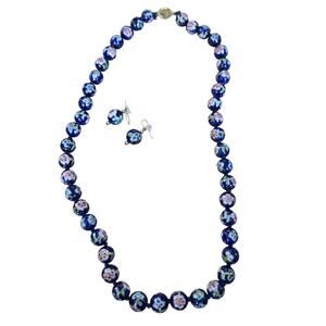 Chinese Art Deco Cloisonné Enamel Knotted Blue Glass Bead Necklace Earrings Set